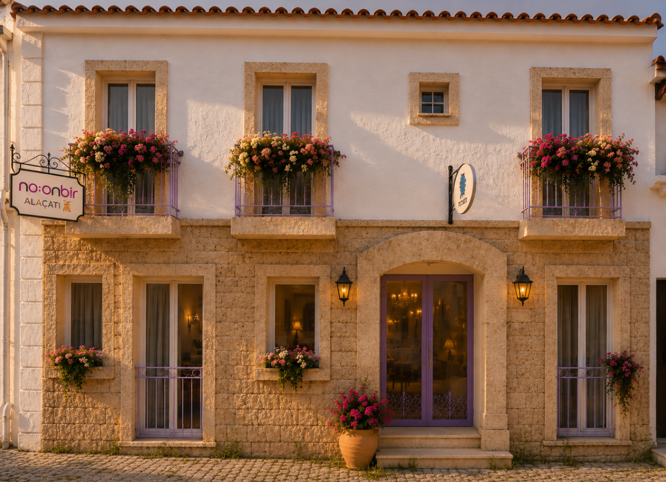 No Onbir Alaçatı butik otel cephesi — Alaçatı taş ev